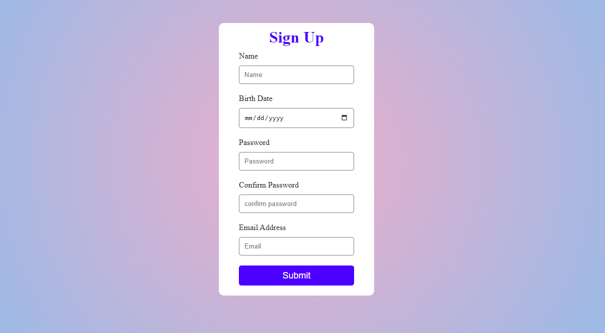 Screenshot of the React form